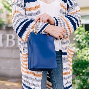 Blue Rectangle Bag with Gold Handles